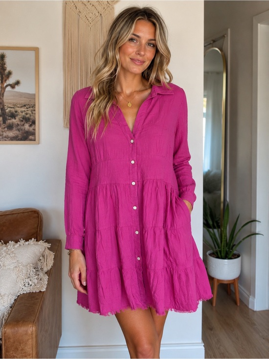 Umgee Dresses & Skirts - Umgee Fuchsia Button-Front Tiered Long Sleeve Dress
